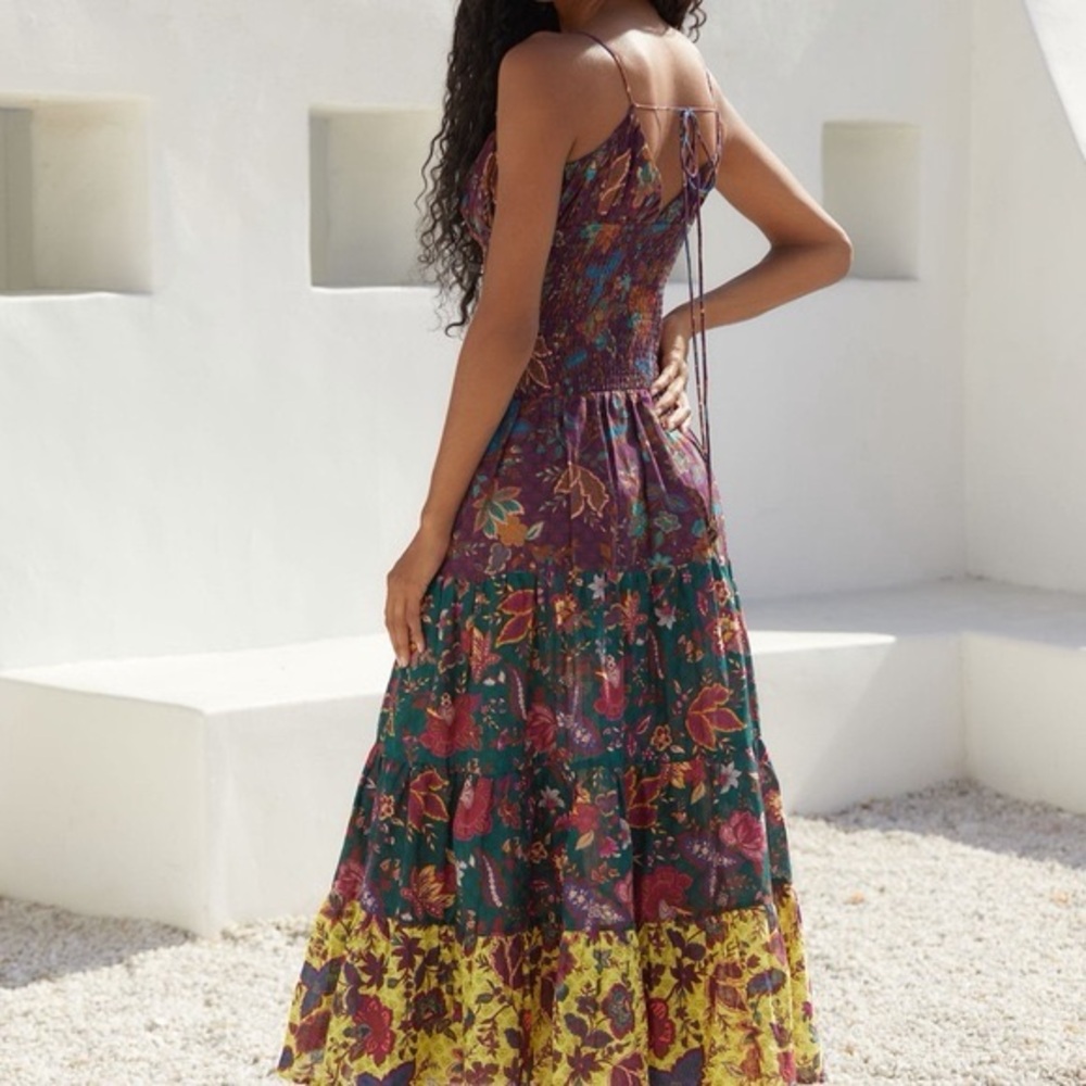 Anthropologie Purple Green Yellow Floral Tiered Midi Dress - Picture 2 of 2